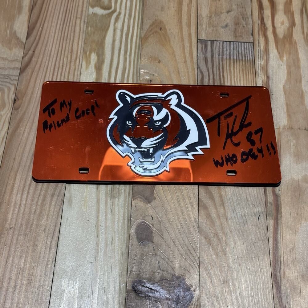 1987 Tim Holmoe Signed Cincinnati Bengals License Plate Who Dey Auto No COA
